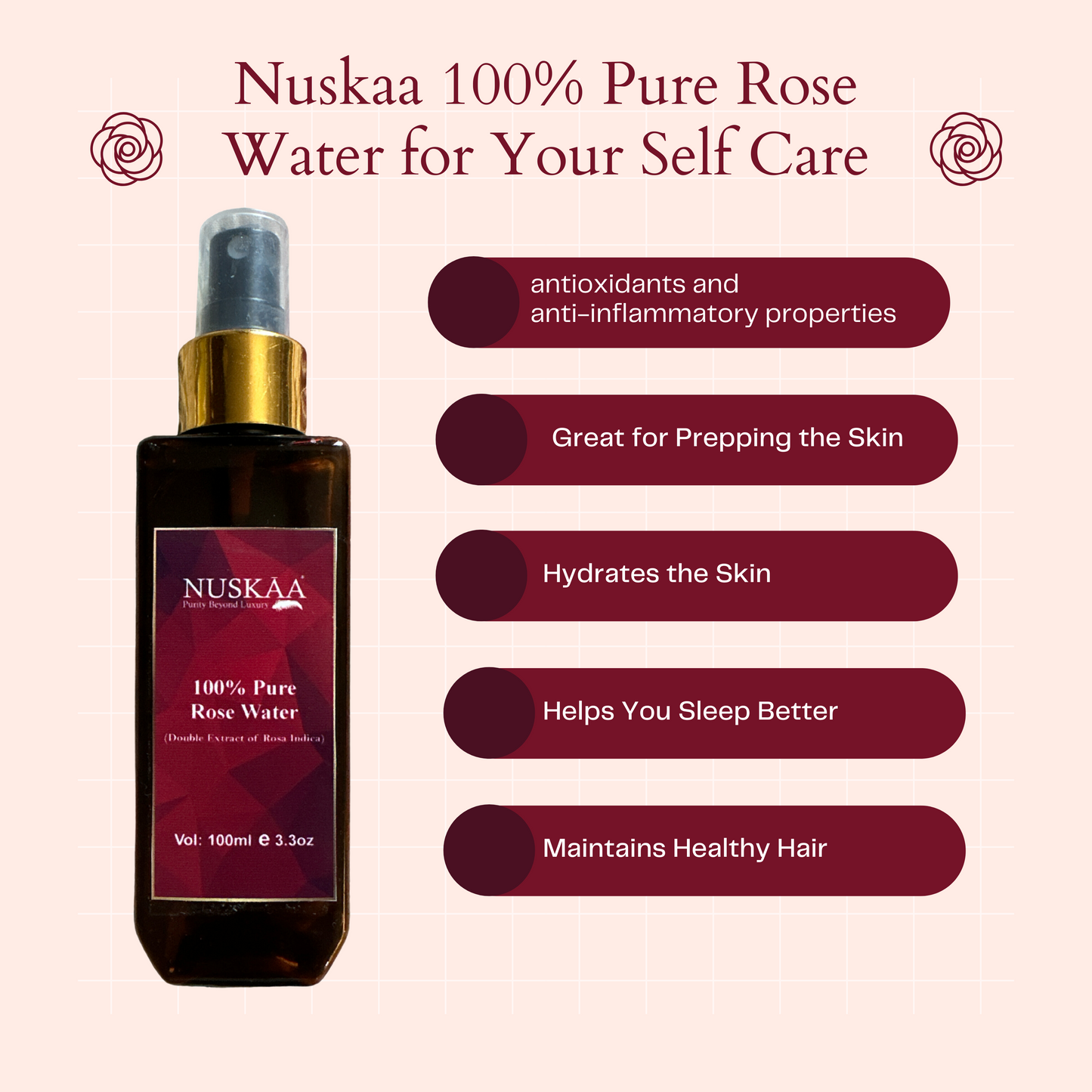 NUSKAA 100% Pure Organic Rose Water (100 ML)